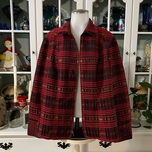 CJ Banks Jacket Red Black Gold Sz 14W Zip Front Stretch Christopher & Banks